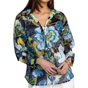 Johnny Was Jenn Curved Hem Yoke Shirt Stunning Floral Size M